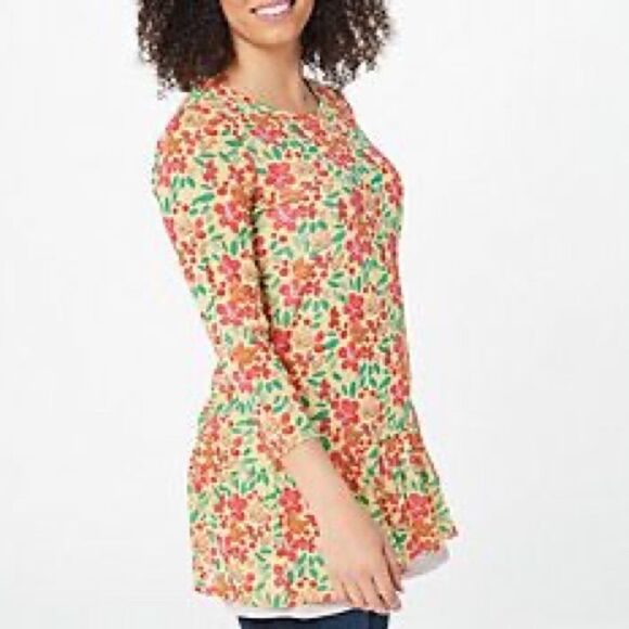 LOGO by Lori Goldstein Tops - LOGO Layers by Lori Goldstein Printed Sheer Ruffle Hem Mesh Top